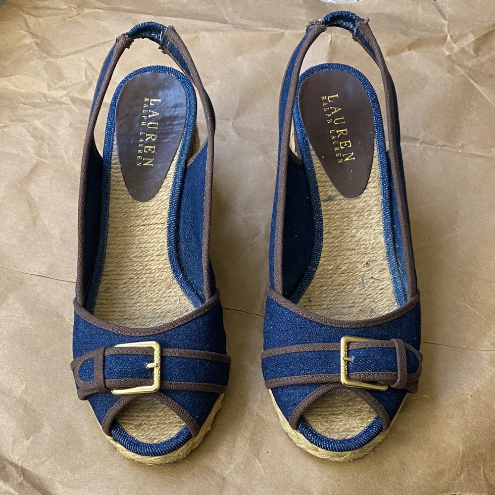 Ralph Lauren Navy and Brown Espadrille Sandals Size 7.5